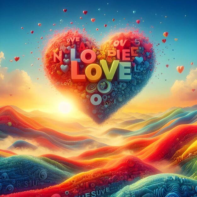 Photo digital artwork of a heart made up of colorful 3d words