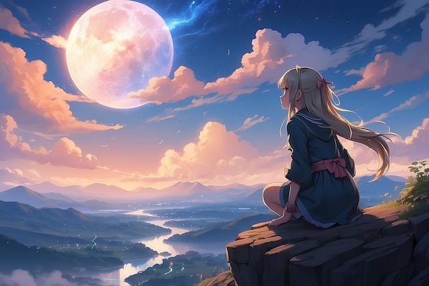 Digital artwork of a lonely fantasy anime girl gazing at the sky