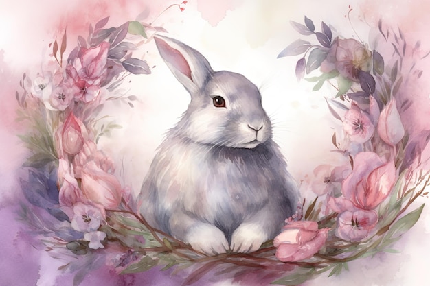周りに花が描かれた花輪の上にウサギが止まっているデジタル アート作品