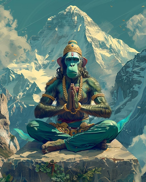 Photo a digital artwork showing hanuman offering prayers to lord rama