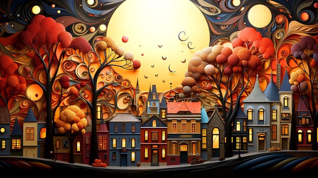 Digital artwork that invites viewers to explore the magical charm of an autumn town