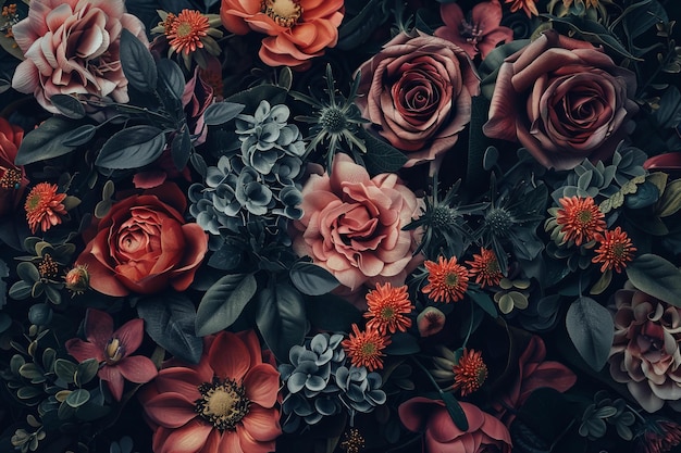 digital artwork of vintage floral background with a closeup of beautiful flowers in dark colors a f
