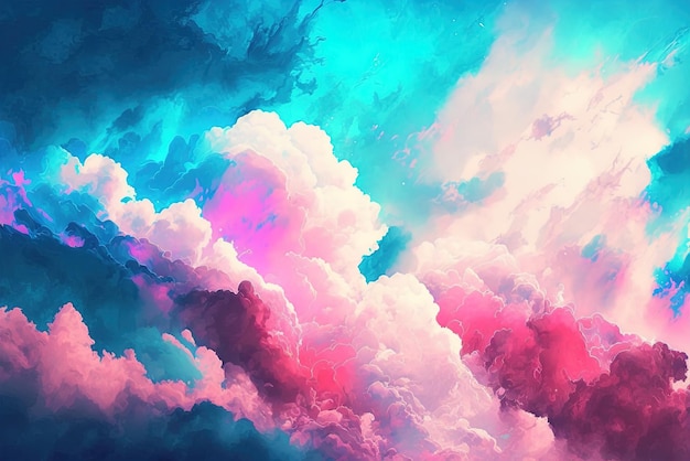 Digital artwork with a pink and blue cloud backdrop