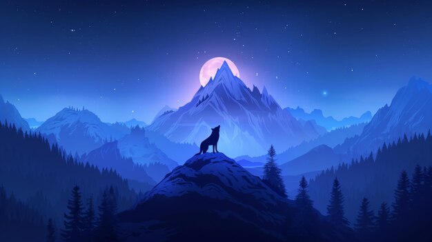 Photo digital artwork of a wolf silhouette standing on a cliff with a backdrop of mountains and a rising f