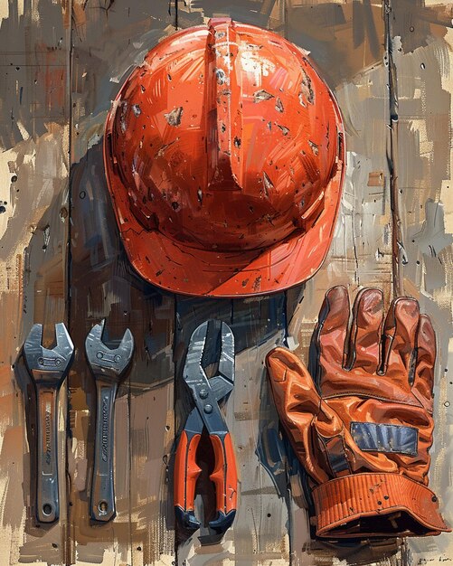 Photo a digital artwork of a workers helmet gloves