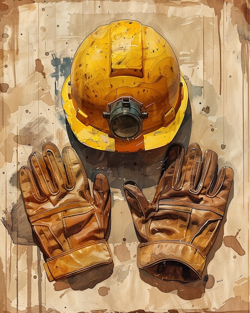 Photo a digital artwork of a workers helmet gloves