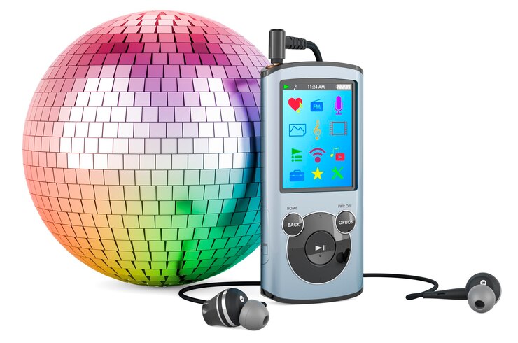 Photo digital audio player with mirror disco ball 3d rendering