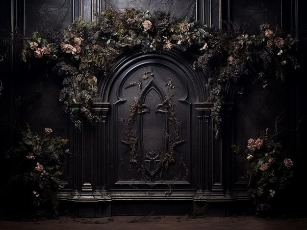 Digital backdrop floral gothic wall creepy black Ai generated