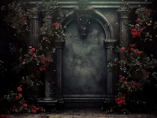 Digital backdrop floral gothic wall creepy black Ai generated