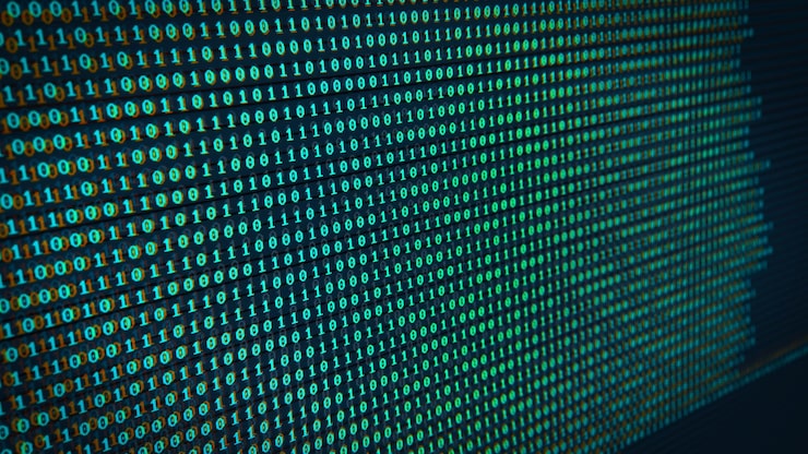 Photo digital background of binary code with a glitch effect on the screen the concept of coding security mining 3d rendering