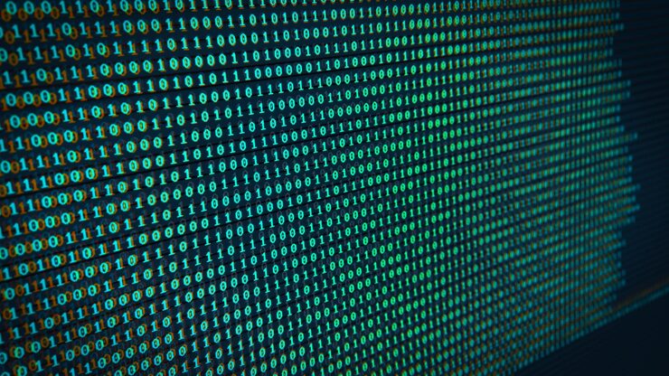 Photo digital background of binary code with a glitch effect on the screen the concept of coding security mining 3d rendering