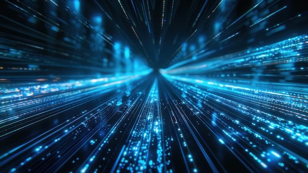 Digital background featuring blue glowing data stream light streaks and holographic elements on blac