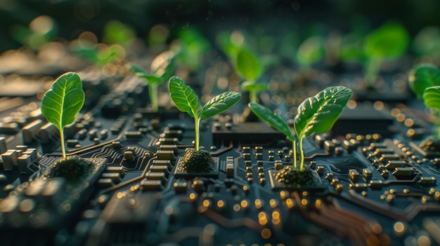 Цифровой фон с изображением зеленых побегов, процветающих на компьютерном чипе, смешивающем элементы природы с современными технологиями.