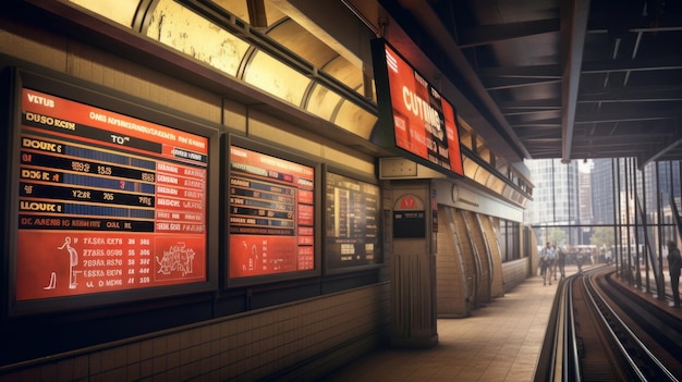 A digital billboard in a subway station displaying a dynamic stock market graph AI generated