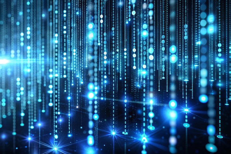 Photo 数字二进制代码矩阵背景 3d 呈现科学技术数据二进制码网络,传达现代数字时代的连接复杂性和数据流