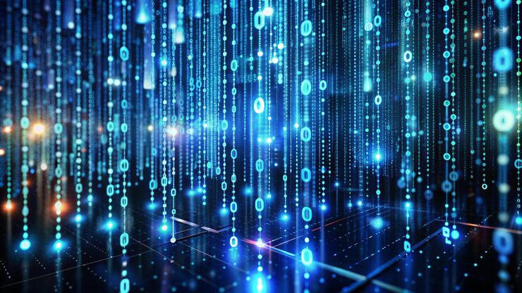 Photo 디지털 바이너리 코드 매트릭스 배경 - 현대 디지털 시대의 연결 복잡성과 데이터 홍수를 전달하는 과학 기술 데이터 바이너리코드 네트워크의 3d 렌더링