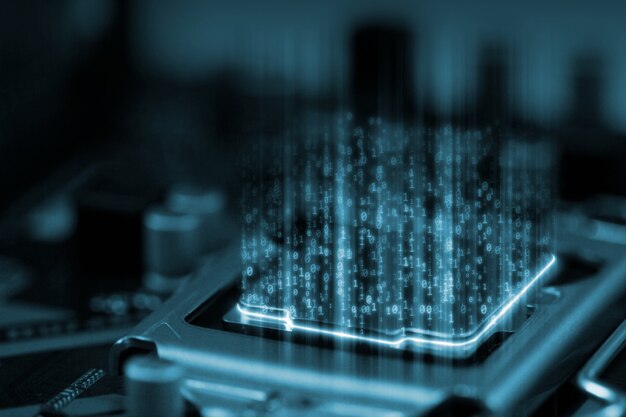 Фото Цифровые двоичные данные на микрочипе с платой накаливания