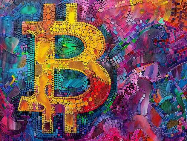 Digital Bitcoin justice art vibrant dots