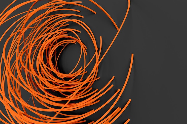 Фото Цифровой черный фон из множества оранжевых блестящих кругов стержней, вращающихся под случайным углом и образующих рамку вокруг пустого пространства 3d иллюстрации