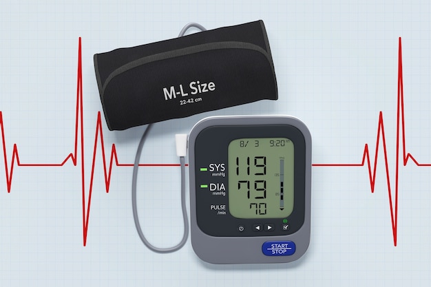 Foto digital blood pressure monitor con polsino sul primo piano estremo sfondo cardiogramma. rendering 3d.