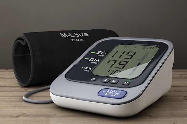 Digital Blood Pressure Monitor with Cuff on a wooden table. 3d Rendering.