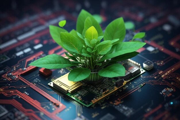 Photo digital blossoms nature's embrace of new life where computer chips seed eco concepts