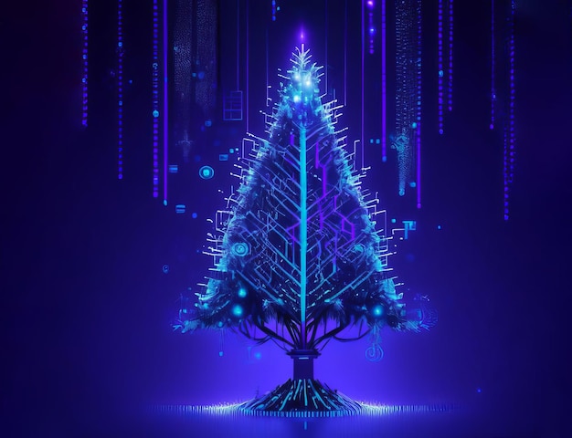 Foto albero di natale digitale blu ai generato