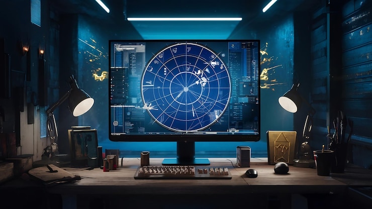 Photo digital blue realistic radar with targets on monitor in searching