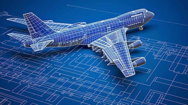 Photo a digital blueprint of a large passenger plane the plane is shown in a threedimensional view and its various parts are labeled with their names