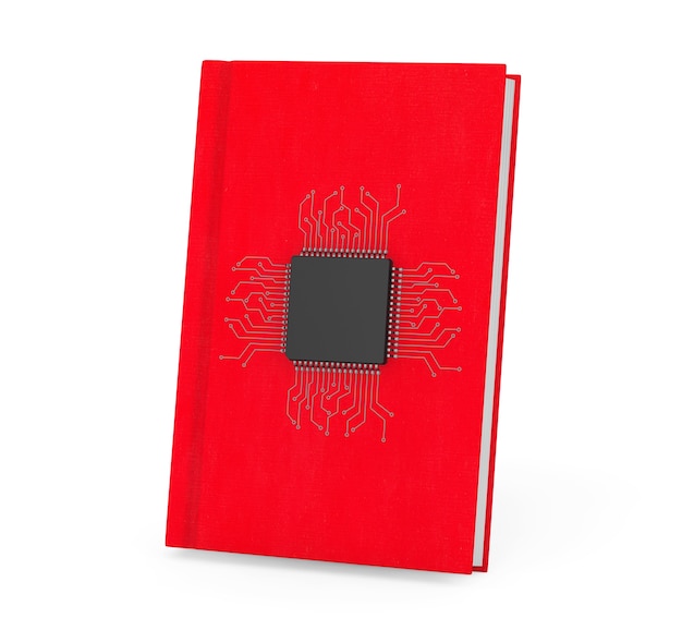 Digital Book Concept. Microchip with circuit over Red Book on a white background