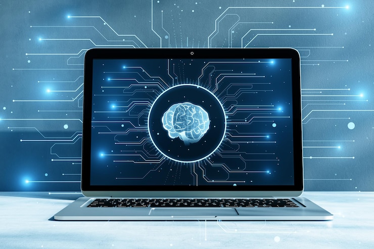 Photo digital brain on a laptop screen depicting the concept of artificial intelligence and machine learning 3d rendering
