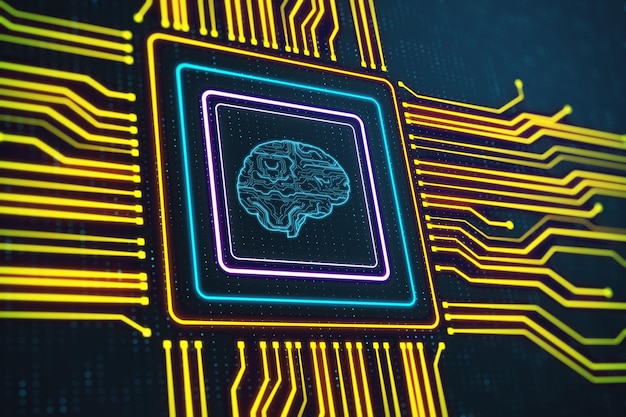Foto schema cerebrale digitale come un chip in un microchip