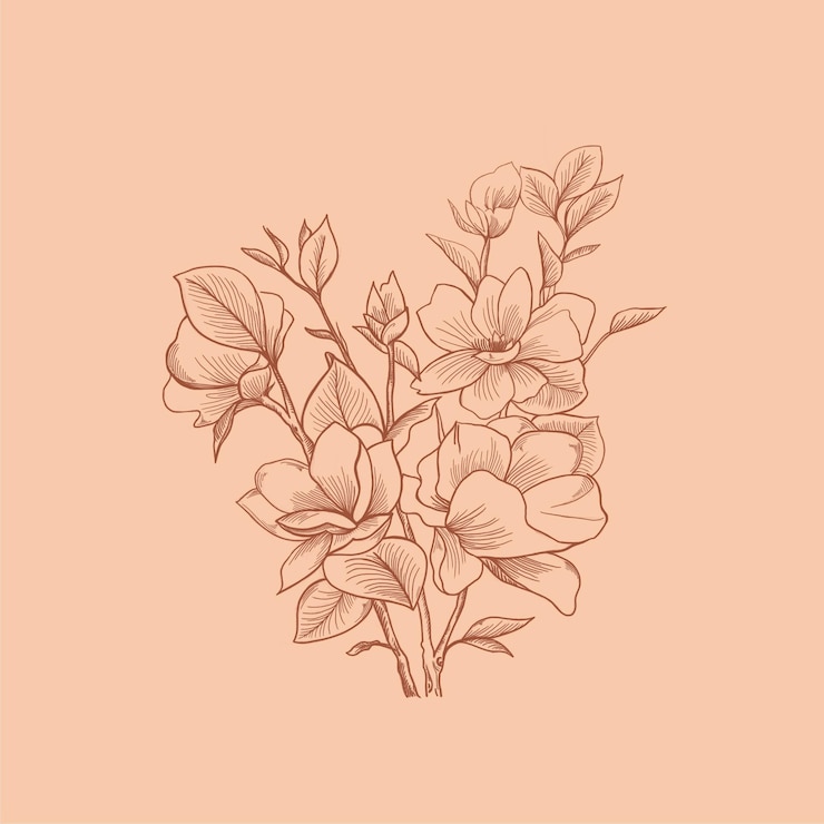 Photo マグノリアの花とキャロルの背景の葉のデジタル茶色のラインアートイラスト
