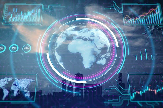 digital business interface with charts and globe on blurry toned city backdrop global business data and finance dashboard concept double exposure