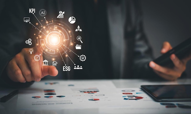 Digital business planning online Businessmen use digital analytics technology startup planning