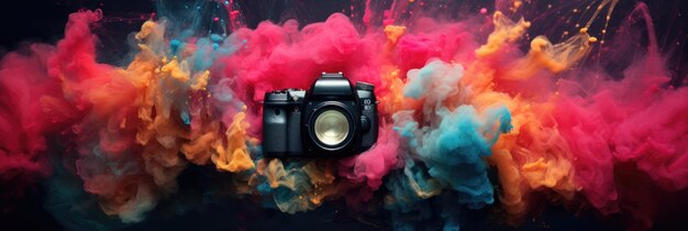 Digital camera surreal art on color background