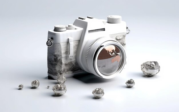 Photo digital camera surrounded by silver balls