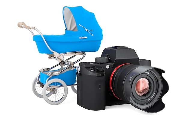 Digital camera with baby stroller 3D rendering