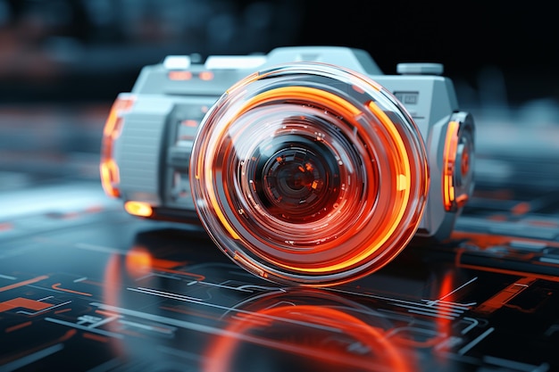 Photo digital camera with glowing lens on dark background 3d rendering