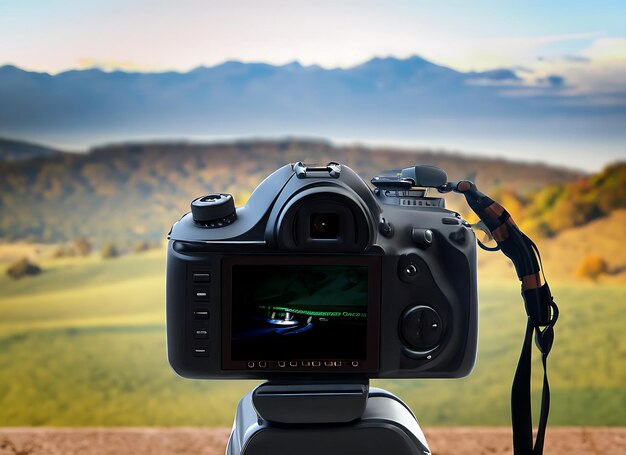 배경 에 풍경 이 있는 디지털 카메라