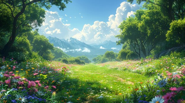 Digital CG Artwork Concept Illustration Realistic Cartoon Style Background for a Video Game Fresh Fresh Spring Air in the Small Forest