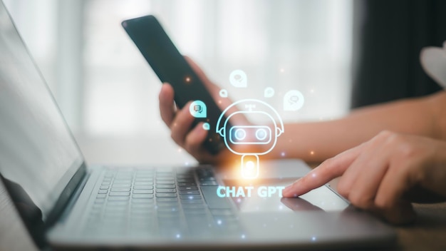 디지털 챗봇 채팅 GPT 로봇 애플리케이션 대화 도우미 AI 인공 지능 개념 가상 화면에서 디지털 챗봇으로 모바일 스마트폰을 사용하는 사람
