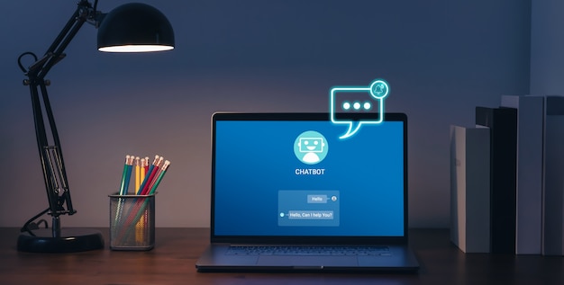 Digital chatbot and notifications message alert screen icon and sent to recipient on laptop, Artificial intelligence, innovation and technology