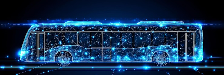 Photo digital city bus abstract vehicle icon with connected dots and triangles on blue background