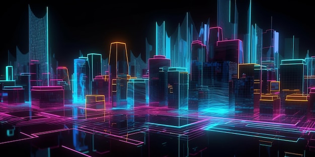 A digital city with neon lights and a city in the background