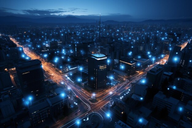 Photo digital cityscape sapporo business district on internet spot network concept