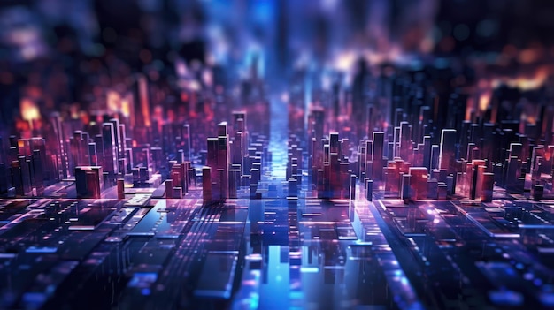 A digital cityscape with a blue light and the word city on it