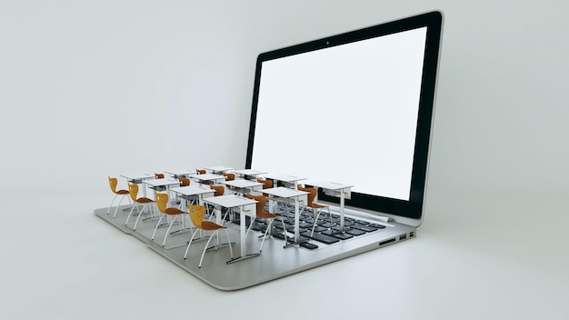온라인 교육을 위한 디지털 교실 개념 노트북 키보드의 현대 교실 책상 사회적 거리 교육 3D 렌더링