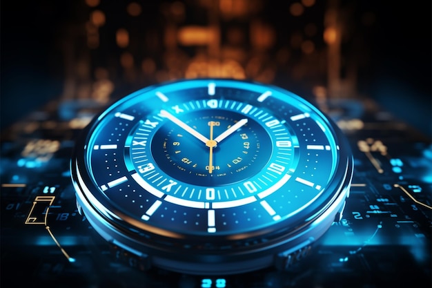 デジタル時計の表と未来的な時計の手が 完璧に同期しています