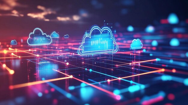 데이터 흐름 시각화와 함께 디지털 클라우드 네트워크 동적 클라우드 네트워크 일러스트레이션은 클라우드 컴퓨팅과 기술을 나타내는 데이터 흐름과 연결을 보여줍니다.